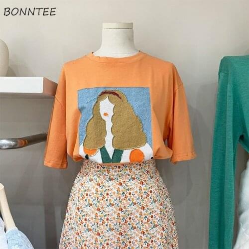 T-shirts Women Retros Oil-Painting Girl Short Sleeve Preppy Style Summer Vintage Korean Loose Tops All-match Friends Chic Tees