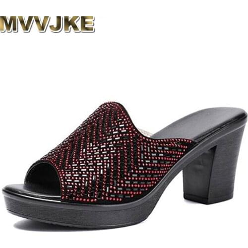 MVVJKE women slipper 2020 ladies summer genuine leather slippers shoes women high heels fashion rhinestone summer shoes