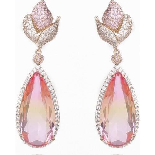 Zlxgirl jewelry brand water drop shape cubic zircon rose flower wedding earrins jewelry fashon womens gold stud brincos earings