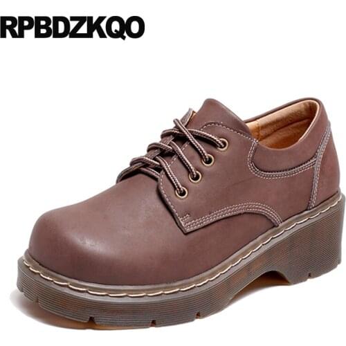 Brown Fitness Square Toe Vintage Women Oxfords Shoes Black Creepers Muffin British Style 2021 Platform Thick Sole Elevator Flats