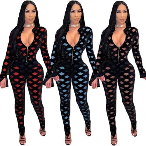 Square Grids Velvet Patchwork Sheer Mesh Jumpsuit Women Sexy Flocking See Through Zipper V Neck Long Sleeve Leggings Club Romper
