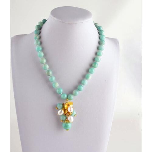 Womens White Pearl&10mm Natural Amazonite Necklace