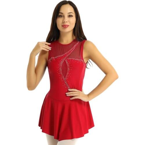 Adult Sleeveless Mesh Splice Rhinestones Figure Skating Dress Women Ballet Gymnastics Leotard Competition Performance Dance Wear
