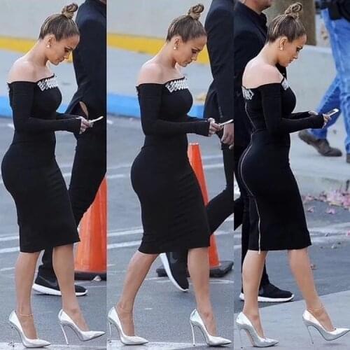 Bodycon Dress Bandage Beaded Women Black Off Shoulder Long Sleeve Vestido Celebrity Winter Party Club Free Shipping Dobanmbd