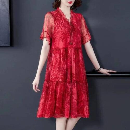 Summer Vintage Women Clothing V Neck Ruffles Short Sleeve A Line Sweet Dress , Woman 3xl 4xl 5xl Red Dresses