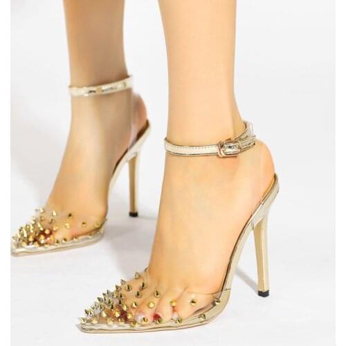 Sexy High Heels Sandals Women Shoes Summer 2021 New Rivet Fashion Transparent Thin Heel Pointed Toe Lady Party Shoes Sandalias