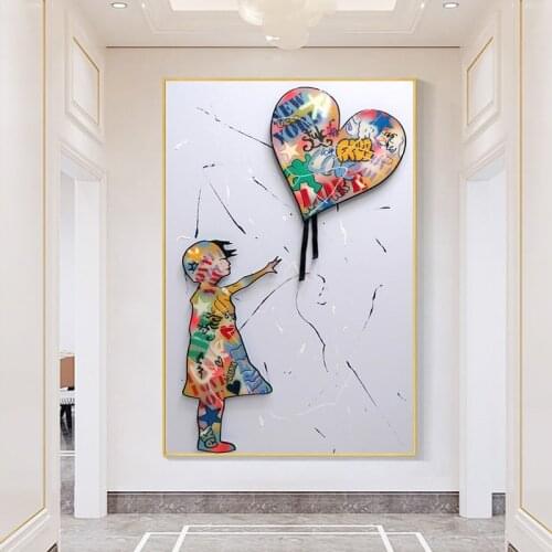 The Girl with Heart Abstract Canvas Painting Graffiti Street Wall Art Posters and Prints Modern Picture for Living Room Decor