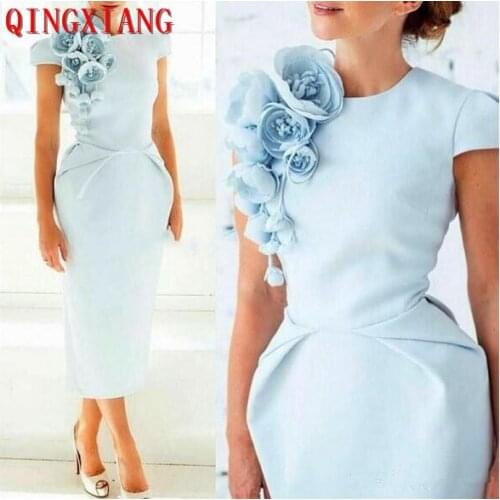 Elegant Formal Evening Dresses with Hand Made Flower Pageant Capped Short Sleeve 2019 Tea-Length Sheath Prom Party Cocktail Gown
