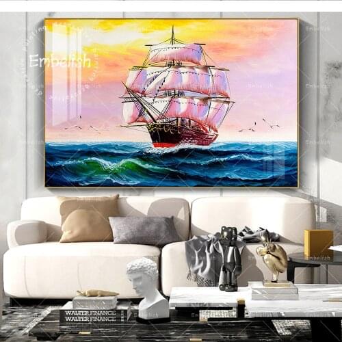 Embelish Hot Large Size Sailing Boat Landscape HD Canvas Oil Painting For Living Room Home Decor Wall Posters Bedroom Pictures