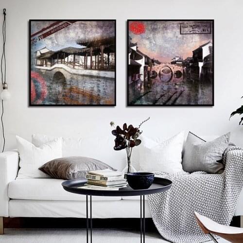 Chinese Canvas Painting Classical Ink Painting Architecture Town Landscape Wall Painting Home Decor Living Room Poster Picture