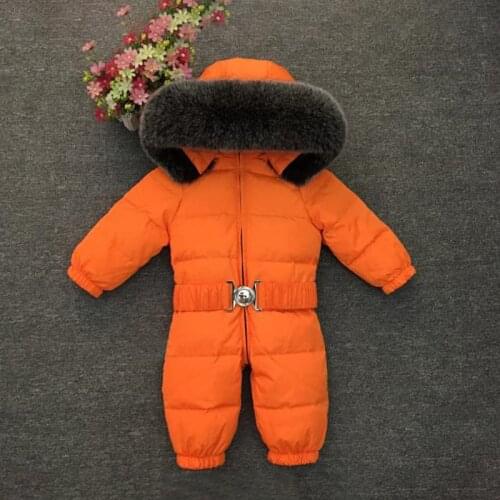 2021 Hooded Fur Baby Boys Jumpsuits Warm Down Girls Overalls Winter Sport Children Snowsuit One Pieces Kids Outfits Ski Clothes