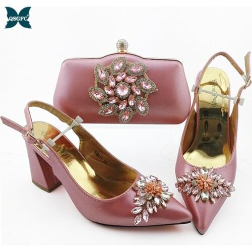 Nigerian 2021 Lastest Italian Design Pink Color Ladies Shoes and Bag Set Decorated With Rhinestone and Appliques for Party