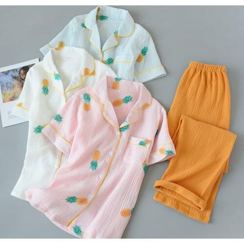 Summer Pajamas Women Pure Cotton Gauze Fresh Short Sleeve Sleepwear with Trousers Loose Thin Cardigan Pineapple Famale Home Wear