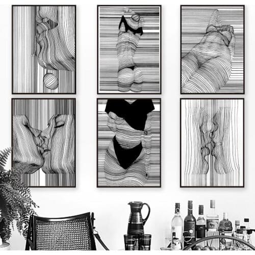 Fashion Abstract Sketch Line Drawing Wave Poster Canvas Painting Black and White Wall Art Picture Room Wall Decoration Cuadros