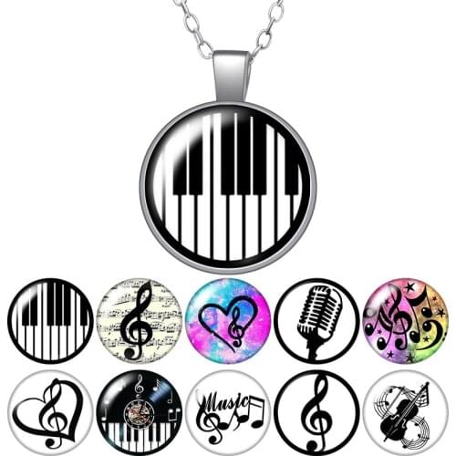 Music symbol Musical instrument piano Round Pendant Necklace 25mm Glass Cabochon Women Girl Jewelry Party Birthday Gift 50cm