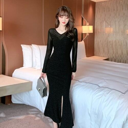 New arrival fashion spring long dress women OL professional temperament sexy perspective mesh slim mermaid dress black shiny