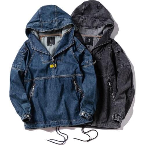 Half Zipper Denim Jacket Mens Hooded Pullover Youth Top American High-end Clothing Outdoor Sports Trekking Combat Camping Coat