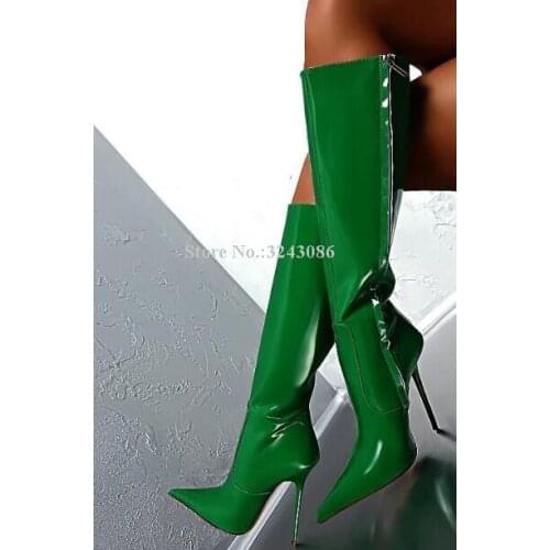 Sexy Patent Leather Super Thin Heels Knee High Boots Woman Pointed Toe Long Boots Fashion Female Night Club Shoes Large Size