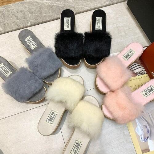 Shoes For Girls Slippers Casual Slipers Women Slides On A Wedge Fur Flip Flops Platform Low Lady Luxury 2021 Plush Fashion Scand