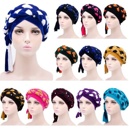 Velvet Double -Color Beaded Braid Hijab Caps Long Tail Muslim Hair Loss Wrap Turban Hat Chemo Inner Bonnet Ready To Wear Indian