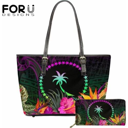 FORUDESIGNS PU Leather Women Handbag and Purse Set Hot Fashion Polynesian Chuuk Polynesian Hibiscus Flower Print Top-handle Bags