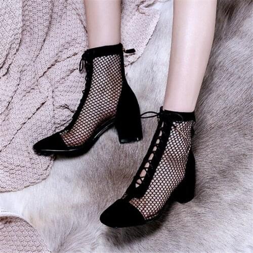 Hollow Out Women Summer Boots Mesh Gladiator Sandals Square Heel Lace-up Ankle Boots Black Suede High Heel Shoes Woman Big Size