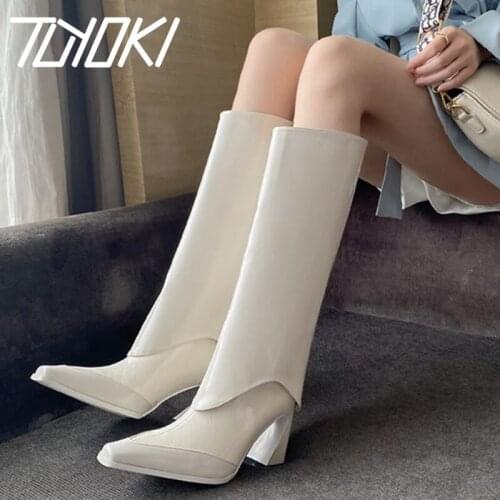 Tuyoki Size 33-42 Women High Heel Boots Real Leather Strange Heel Winter Shoes Women Fashion Knee High Boots Women Footwear