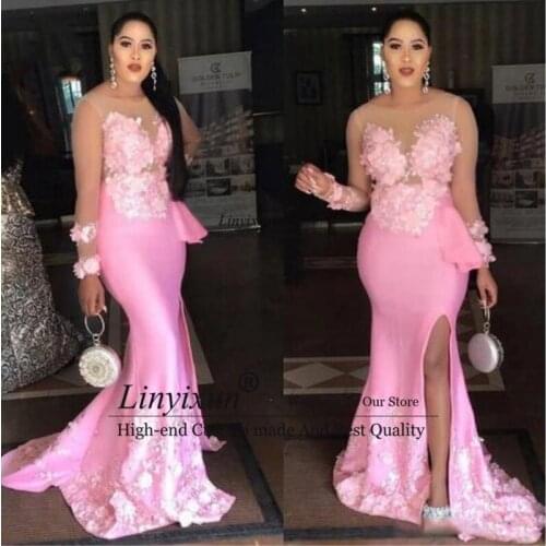 Sheer Neck Pink Mermaid Prom Dresses 2021 Floral Appliques Formal Evening Party Gown Side Split Long Sleeve robe de soiree