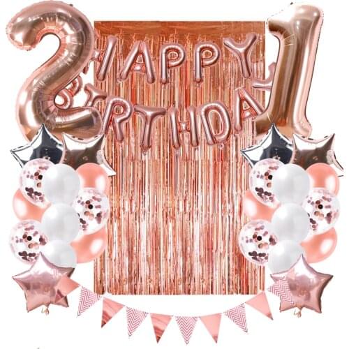 ZLJQ 21st Birthday Party Decorations Rose Gold Balloons Table Runner Happy Birthday Banner 21 Adult Birthday Decor Photos Prop
