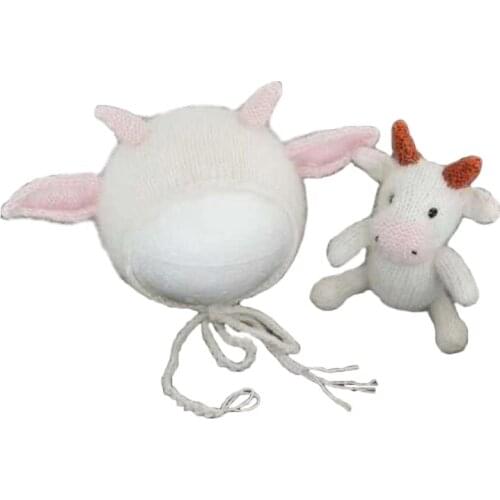 2 Pcs Baby Knit Cow Hat Doll Set Crochet Beanies Cap Newborn Photography Props for Infants Photo Shooting Posing