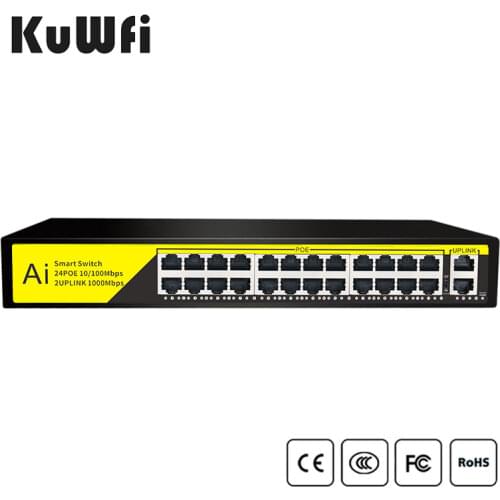 24Ports Gigabit Switch 1000Mbps POE Switch , Smart Desktop Network Power Over Ethernet InjectorExtend 250M ,2 Port Uplink 1 SFP