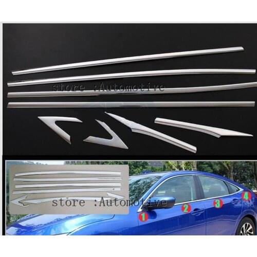 AX 8PCS LHD CHROME BUTTOM WINDOW SILL TRIM SURROUND COVER 2016 2017 2018 FOR HONDA CIVIC MOLDING LINING ACCENT GARNISH STAINLESS
