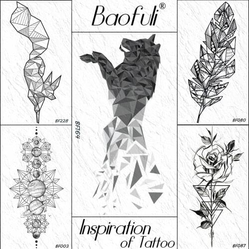 Baofuli Geometric Diamond Wolf Temporary Tattoo Sticker For Men Women Waterproof Fake Tatoo Body Art 3D Flower Arm Tattoo Paper