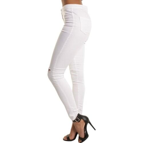 Pure White Jeans Women Black Ripped Jeans Casual Slim Solid Hole Long Jeans Zippers Sexy Skinny Pants Daily Trousers