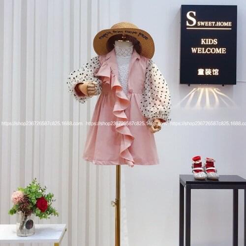Childrens Wear 2020 Spring Girls Wear Western-style Polka Dot Mesh Splicing Trim Design Mid-length Windbreaker Jacket
