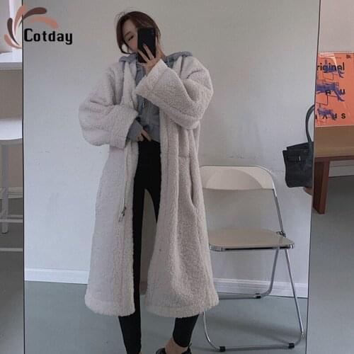 Coatday Long Thick Lamb Fur Plsh Size 2021 Winter Warm Fashion Hepburn Women Preppy Style Sweet Rice White Fur Coat