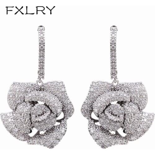 FXLRY Elegant White Color Micro-inlaid Zircon Camellia Ear Hook Earrings For Women Wedding Jewelry Gift