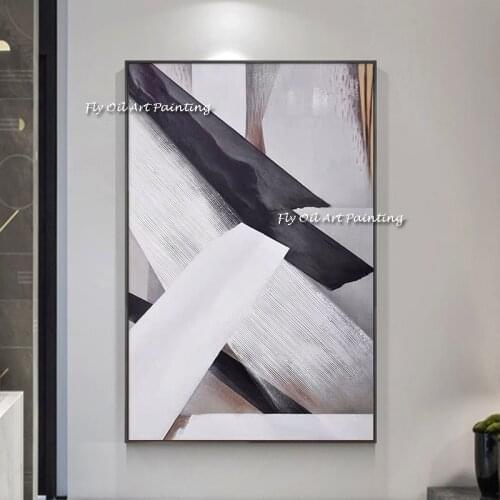 Handmade Simple black white Thick Oil Abstract Stripe Oil Painting Popular Knife Picture Wall Painting for Hotel Art