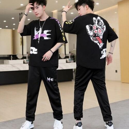 Spring new 2-piece set of mens personality and stylish short-sleeved stretch waist casual pants loose suit mens clothing