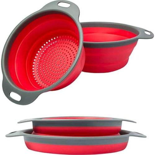 Round Foldable Silicone Drain Basket Colander Fruit Vegetable Washing Basket Strainer With Handle Kitchen Tools