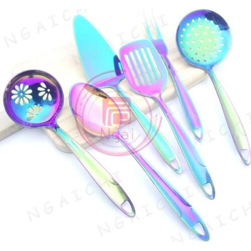Rainbow Knife Filter Scoop Fork Stainless Steel Kitchenware Oversize Cake Long Spatula Big Fork Kitchenware Cooking Tool 6pc/set
