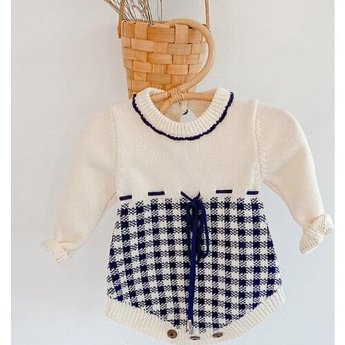 Autumn Baby Girls Bodysuit Plaid Knitted Bodysuit Kids Infant Long Sleeve Jumpsuit Toddler Clothing Baby Girl Clothes Sweater