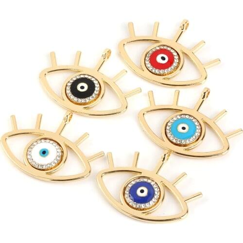 2 PCs Zinc Based Alloy Pendants Evil Eye Gold Color Red Enamel Clear Rhinestone Necklace Earrings DIY Findings 4.2cm x 3.3cm
