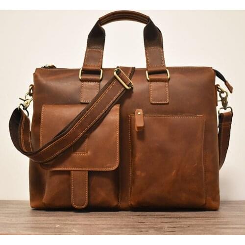 Luxury Handmade Crazy Horse Leather Shoulder Bag Genuine Leather 15.6" Laptop Men Handbag