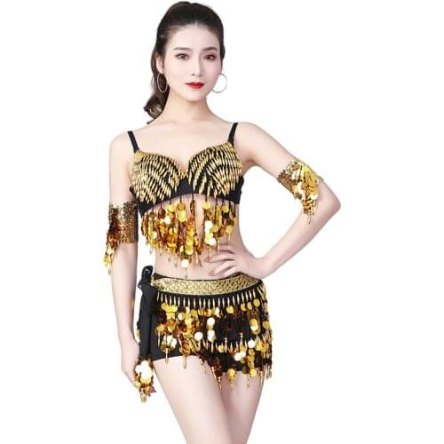 Sexy Girls Cheerleaders Dance Clothes Nightclub Wear Party Coins Hip Scarf Beads Belly Dance Costume Set 3PCS Bra Belt Armbands