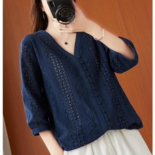 Loose Sweet Style Hollow Out Lace Women White Shirts Summer New Design 2021 Lantern Sleeved Elegant Female Outwear Tops