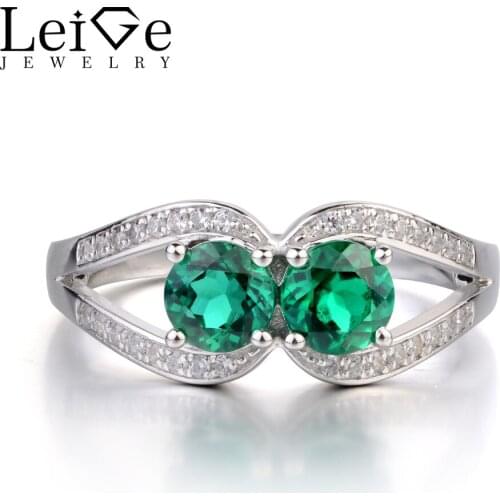 Leige Jewelry Emerald Engagement Ring Sterling Silver 925 Two Stone Ring Round Cut Green Gemstone Jewelry Split Band