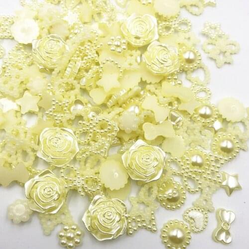 100pcs Yellow ABS Resin Half Round flower Bow Alien Pearls For Art Flatback Non Hotfix Rhinestones Pearl Shoes Beads DIY Phone