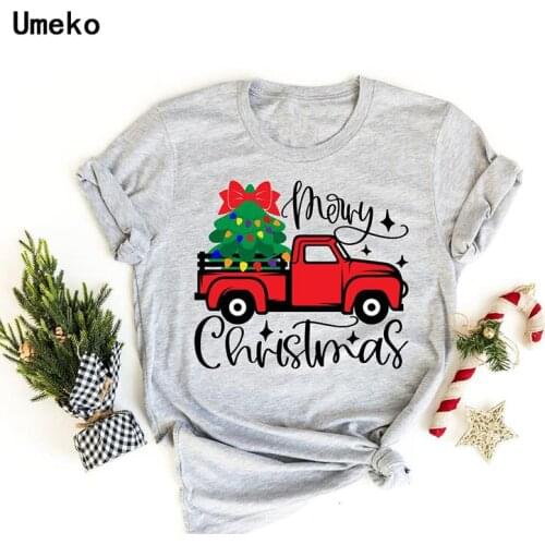 Umeko Plus Size S-5XL Women Christmas Car T Shirts Fashion Casual Tops Ladies Streetwear Tree Print Female Cotton Tees Tops