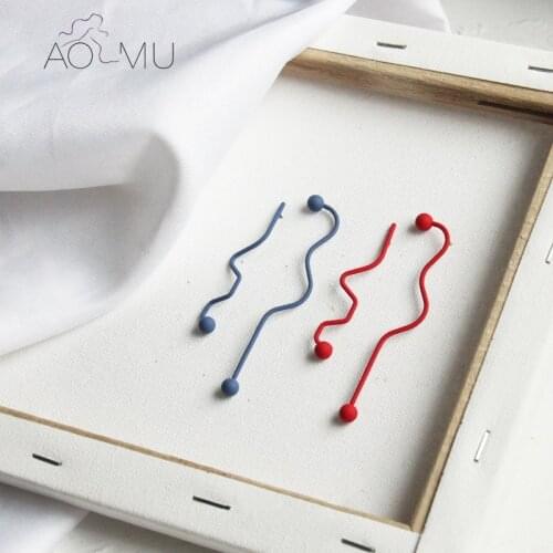 AOMU 2020 S925 New Colorful Red Blue Minimalistic Irregular Asymmetric Curved Line Spray Paint Studs Earrings for Women Girls